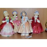 FOUR SMALL ROYAL DOULTON LADY FIGURINES, comprising 'Lily' HN1798, 'Valerie' HN2107, 'Cissie'