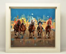 PETE HAWKINS (BRITISH / PANAMA 1980) 'RACE TIME', five racehorses and jockeys in full gallop, signed
