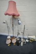 A SELECTION OF VARIOUS LIGHTING, to include an oak and brassed standard lamp, with pink floral