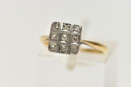 A DIAMOND RING, six old cut diamonds set within a white metal square mount with milgrain detail,