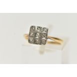 A DIAMOND RING, six old cut diamonds set within a white metal square mount with milgrain detail,