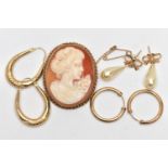 A 9CT GOLD CAMEO BROOCH AND THREE PAIRS OF EARRINGS, an oval carved shell cameo depicting a lady