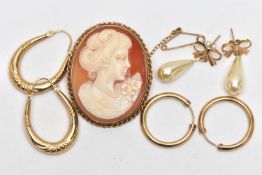 A 9CT GOLD CAMEO BROOCH AND THREE PAIRS OF EARRINGS, an oval carved shell cameo depicting a lady