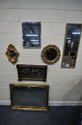 A SELECTION OF VARIOUS MIRRORS, to include a rectangular gilt framed bevelled edge wall mirror, with