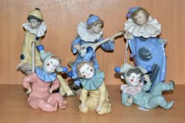 SIX LLADRO NAO CLOWNS, comprising 'Young Clown With Mandolin' 1078, sculpted by Antonio Ramos (