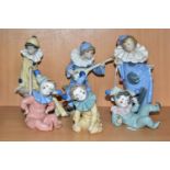 SIX LLADRO NAO CLOWNS, comprising 'Young Clown With Mandolin' 1078, sculpted by Antonio Ramos (