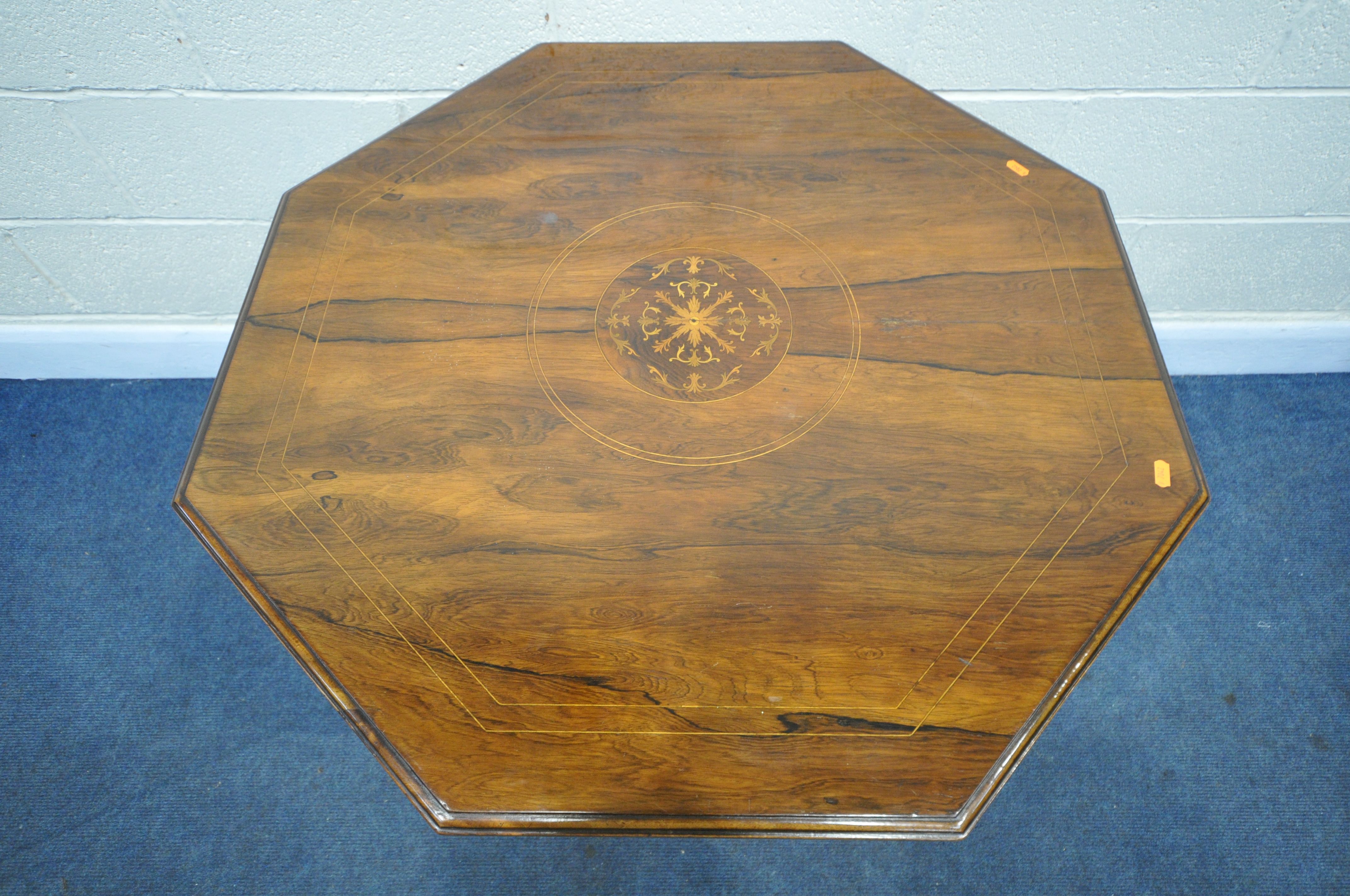 A 19TH CENTURY ROSEWOOD AND MARQUETRY INLAID OCTAGONAL CENTRE TABLE, on four shaped legs, united - Image 2 of 6