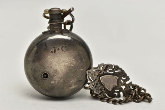 A SILVER OPEN FACE POCKET WATCH AND ALBERT CHAIN, key wound watch, white damaged ceramic dial, - Image 2 of 6