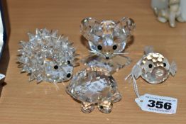 FOUR SWAROVSKI ANIMAL FIGURES, comprising 'Puffer Fish', 'Mouse' (missing tail), 'Turtle' and '