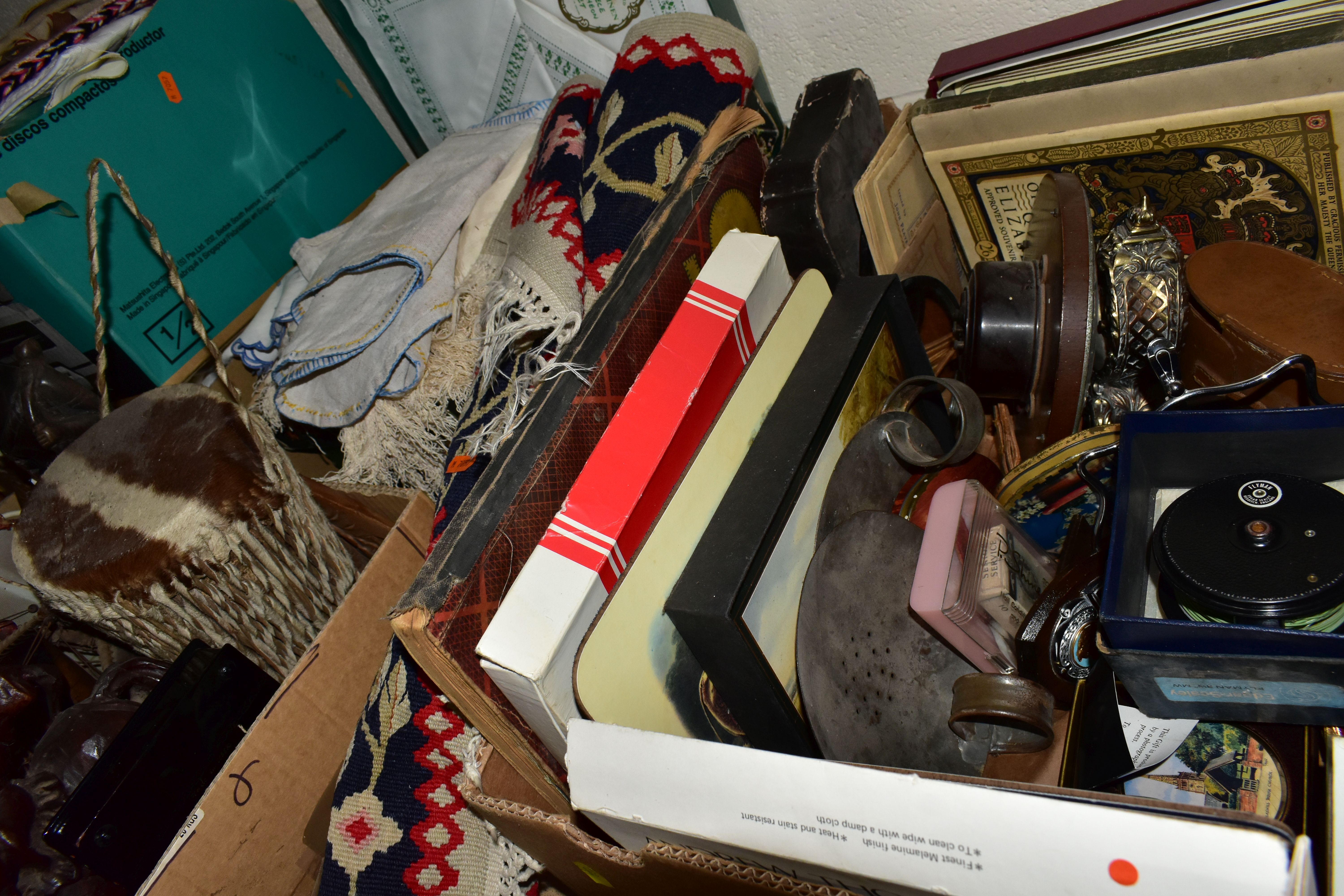 SIX BOXES AND LOOSE LINENS, FISHING ROD, AND SUNDRY ITEMS, to include a Shakespeare Radial Glider - Image 9 of 9