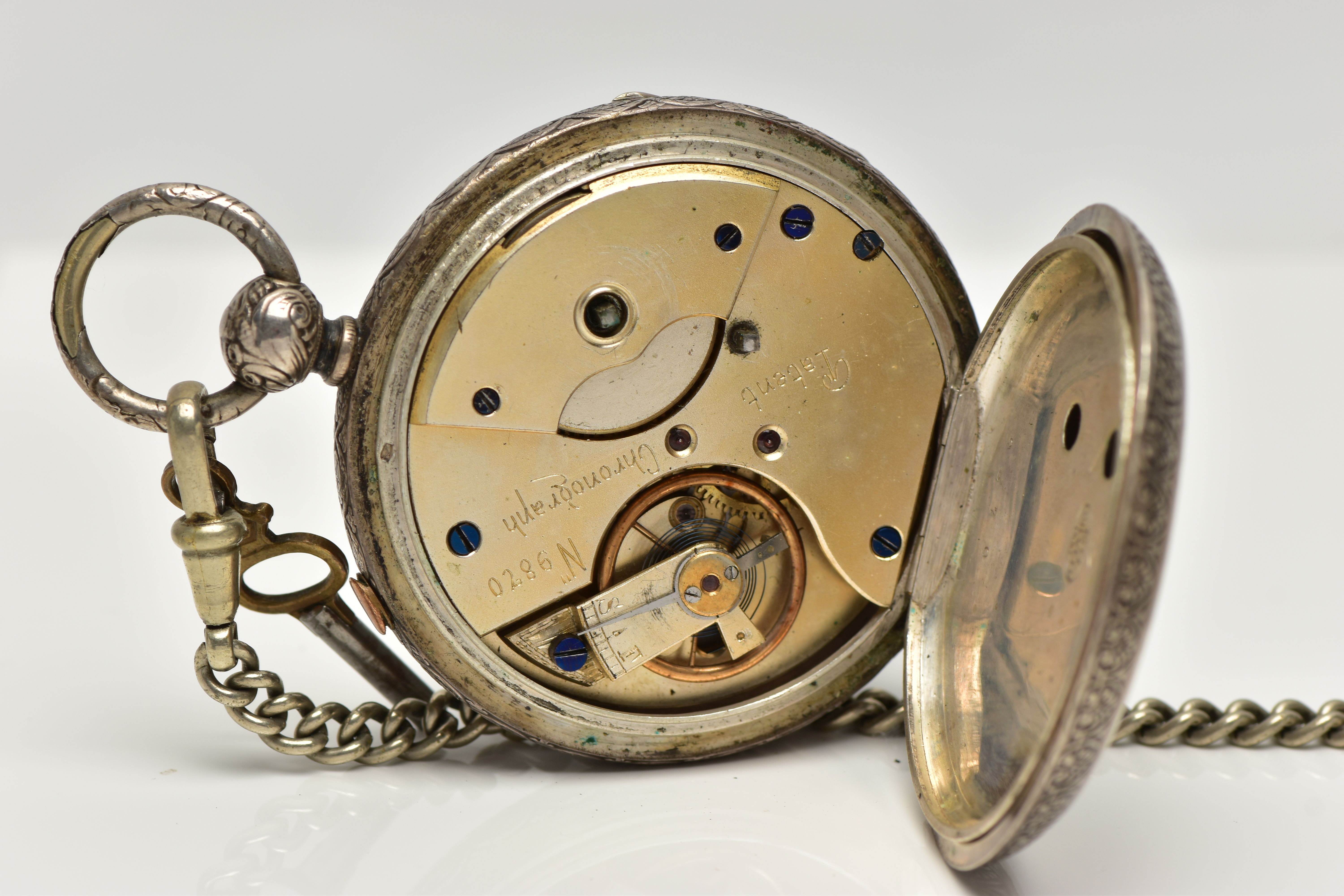 AN OPEN FACE POCKET WATCH, key wound movement, white dial signed 'Patent chronograph', Roman - Image 4 of 4