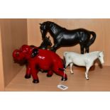 A ROYAL DOULTON FLAMBÉ ELEPHANT FIGURE TOGETHER WITH TWO BESWICK HORSE FIGURES, the elephant