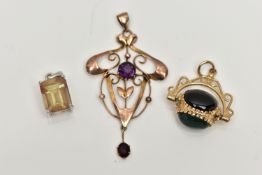 AN ASSORTMENT OF JEWELLERY, to include a 9ct white gold pendant, set with a single emerald cut