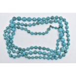 A LONG SINGLE STRAND OF TURQUIOSE BEADS, graduated circular beads each individually knotted to a