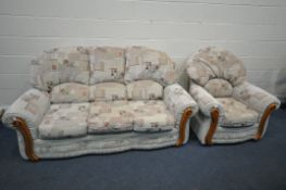 AN OATMEAL UPHOLSTERED TWO PIECE LOUNGE SUITE, comprising a three seater sofa, length 188cm, along