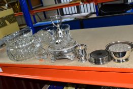 A COLLECTION OF CUT GLASS AND SILVERPLATE, comprising two matching cut glass fruit bowls, a large