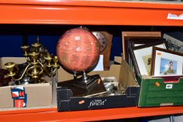 THREE BOXES OF METALWARE AND FRAMED PRINTS, to include a pair of gold gilt candelabras, silver plate