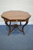 A 19TH CENTURY ROSEWOOD AND MARQUETRY INLAID OCTAGONAL CENTRE TABLE, on four shaped legs, united