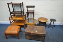 A SELECTION OF OCCASIONAL FURNITURE, to include a teak two tier tea trolley, an oak trolley, an