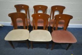 A SET OF SIX MID CENTURY TEAK ELLIOTS OF NEWBURY DINING CHAIRS, four with pink upholstered seat