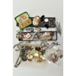 A BOX OF ASSORTED JEWELLERY, to include an assortment of white metal earrings, a chain, a pendant