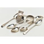 AN ASSORTMENT OF SILVER ITEMS, to include six old English teaspoons, engraved with monogram