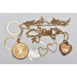 TWO LOCKET PENDANT NECKLACES, the first a gold front and back heart shaped locket, detailed with a