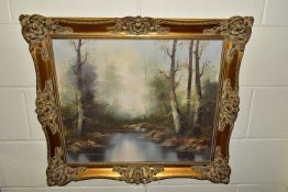 TWO LATE 20TH CENTURY OILS ON CANVAS WOODED RIVER LANDSCAPES AND TEN WATERCOLOURS AND DECOUPAGE
