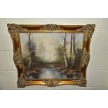 TWO LATE 20TH CENTURY OILS ON CANVAS WOODED RIVER LANDSCAPES AND TEN WATERCOLOURS AND DECOUPAGE