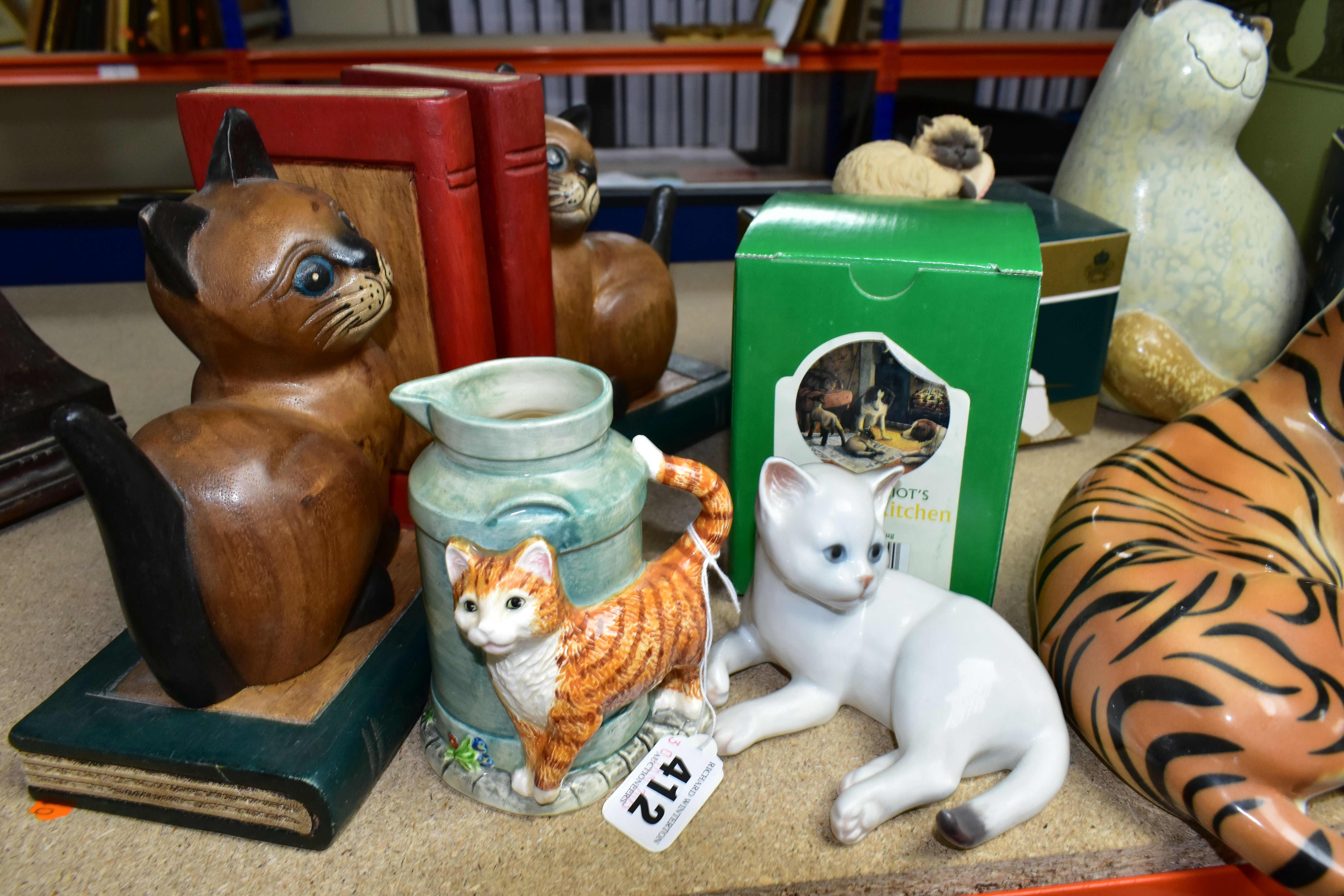 A COLLECTION OF TWELVE CAT FIGURINES AND A TIGER, comprising a Lomonosov Russian porcelain tiger - Image 5 of 6