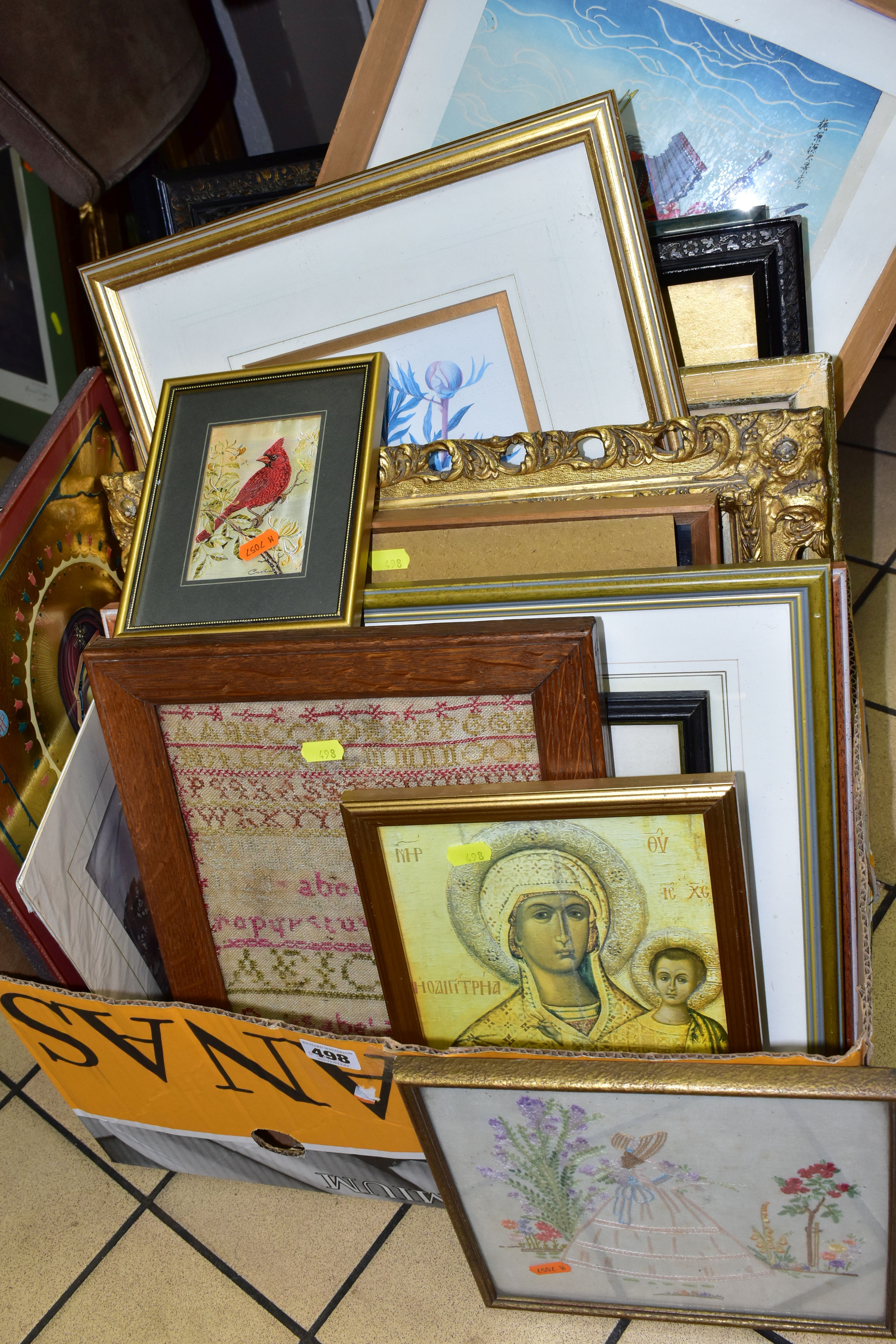 A BOX AND LOOSE, PAINTINGS, PRINTS AND NEEDLEWORKS, including a George IV oak framed school style - Image 5 of 5