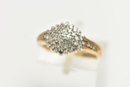 A 9CT GOLD DIAMOND CLUSTER RING, of a marquise form set with single cut diamonds, single cut diamond