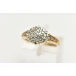 A 9CT GOLD DIAMOND CLUSTER RING, of a marquise form set with single cut diamonds, single cut diamond