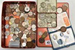 A TIN CONTAINING MIXED COINS, to include over 300 grams of pre 1947 silver etc