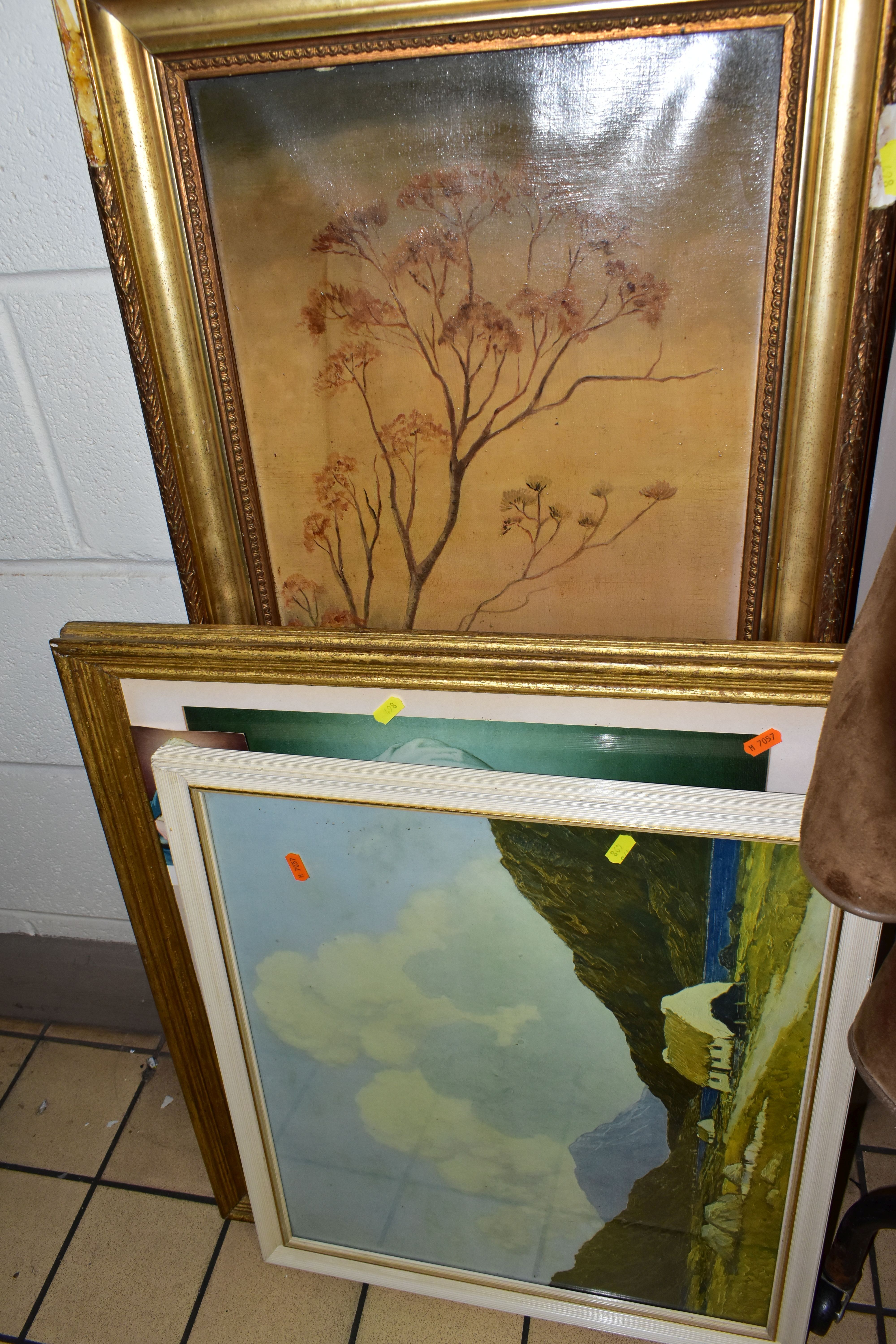 A BOX AND LOOSE, PAINTINGS, PRINTS AND NEEDLEWORKS, including a George IV oak framed school style - Image 3 of 5