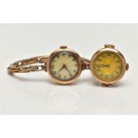 TWO CIRCA 1930'S 9CT GOLD WATCHES, the first a manual wind watch, round silver engine turned pattern