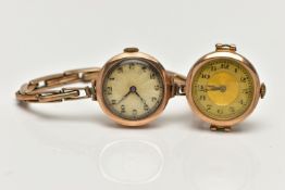 TWO CIRCA 1930'S 9CT GOLD WATCHES, the first a manual wind watch, round silver engine turned pattern