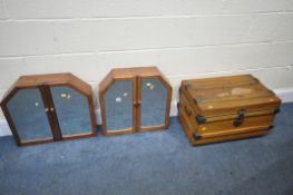 A PAIR OF OAK MIRRORED TWO DOOR CABINETS, and a metal trunk (condition - signs of usage to trunk)