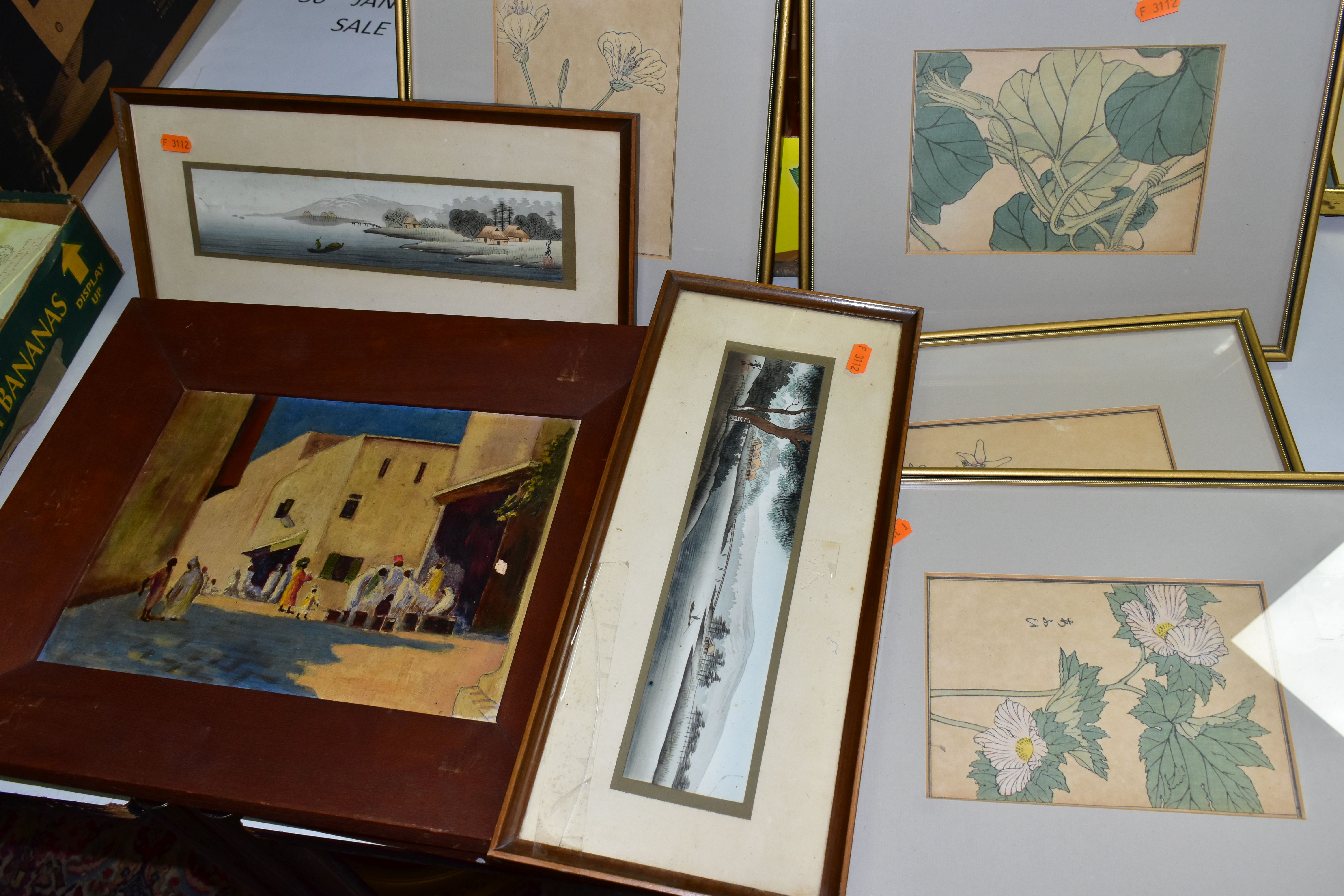 NINE 20TH CENTURY PAINTINGS AND PRINTS, comprising two signed Chinese watercolors depicting river