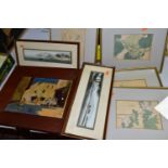 NINE 20TH CENTURY PAINTINGS AND PRINTS, comprising two signed Chinese watercolors depicting river