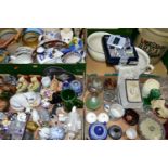THREE BOXES AND LOOSE CERAMICS AND GLASS WARES, to include a blue dipped Wedgwood Jasperware hair