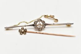 AN EARLY 20TH CENTURY BAR BROOCH AND STICK PIN, the first a central old cut diamond in a milgrain
