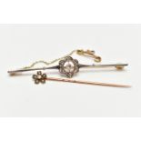 AN EARLY 20TH CENTURY BAR BROOCH AND STICK PIN, the first a central old cut diamond in a milgrain