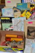 EPHEMERA & DIECAST VEHICLES, two boxes one containing two Majorette model trucks and trailers, a