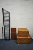 A MID CENTURY TEAK STAPLES LADDERAX MODULAR SHELVING SYSTEM, with a three drawer chest section, a