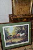 A BOX AND LOOSE, PAINTINGS, PRINTS AND NEEDLEWORKS, including a George IV oak framed school style