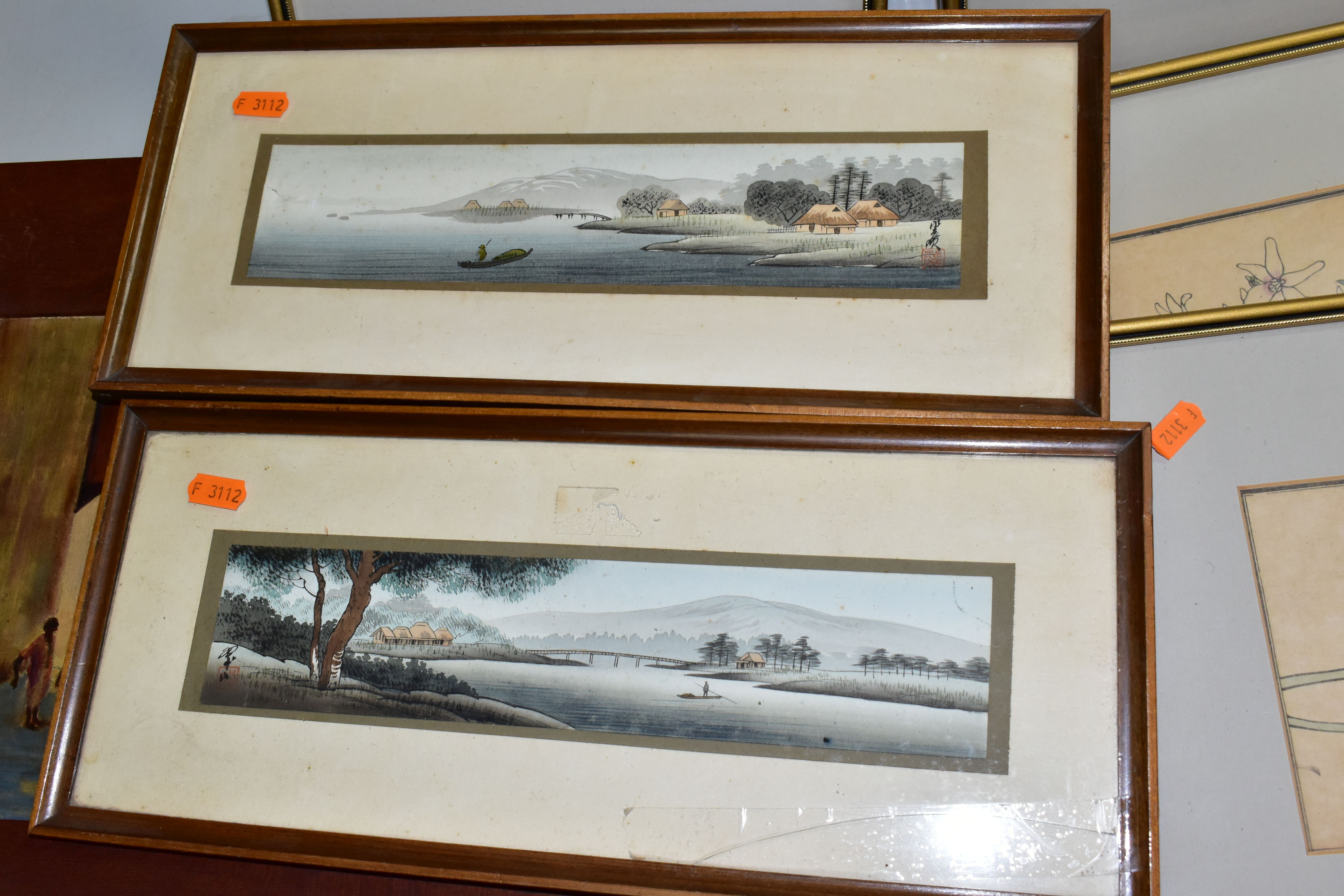 NINE 20TH CENTURY PAINTINGS AND PRINTS, comprising two signed Chinese watercolors depicting river - Image 4 of 10