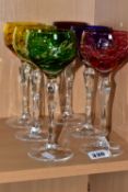 A HARLEQUIN SET OF SIX HOCK GLASSES, comprising cranberry, amethyst, blue, yellow, green, lime green