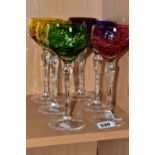 A HARLEQUIN SET OF SIX HOCK GLASSES, comprising cranberry, amethyst, blue, yellow, green, lime green