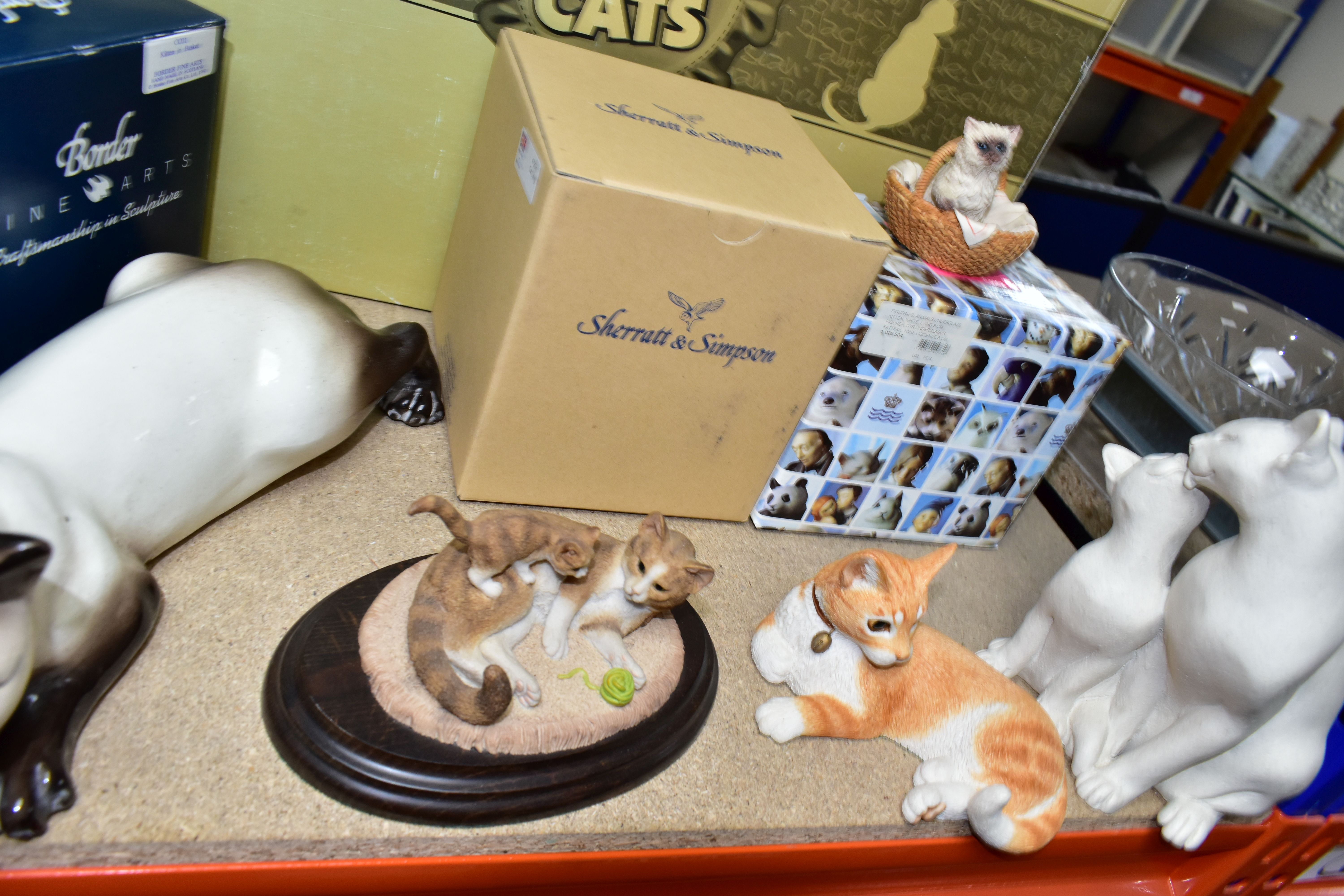 A COLLECTION OF TWELVE CAT FIGURINES AND A TIGER, comprising a Lomonosov Russian porcelain tiger - Image 2 of 6